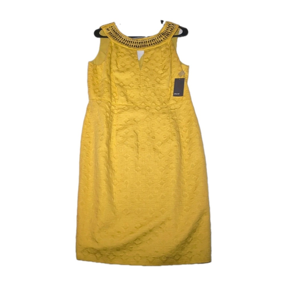 NWT MUSE Women's Yellow Textured Pencil Dress~ Sleeveless Beaded Neck~14  $128